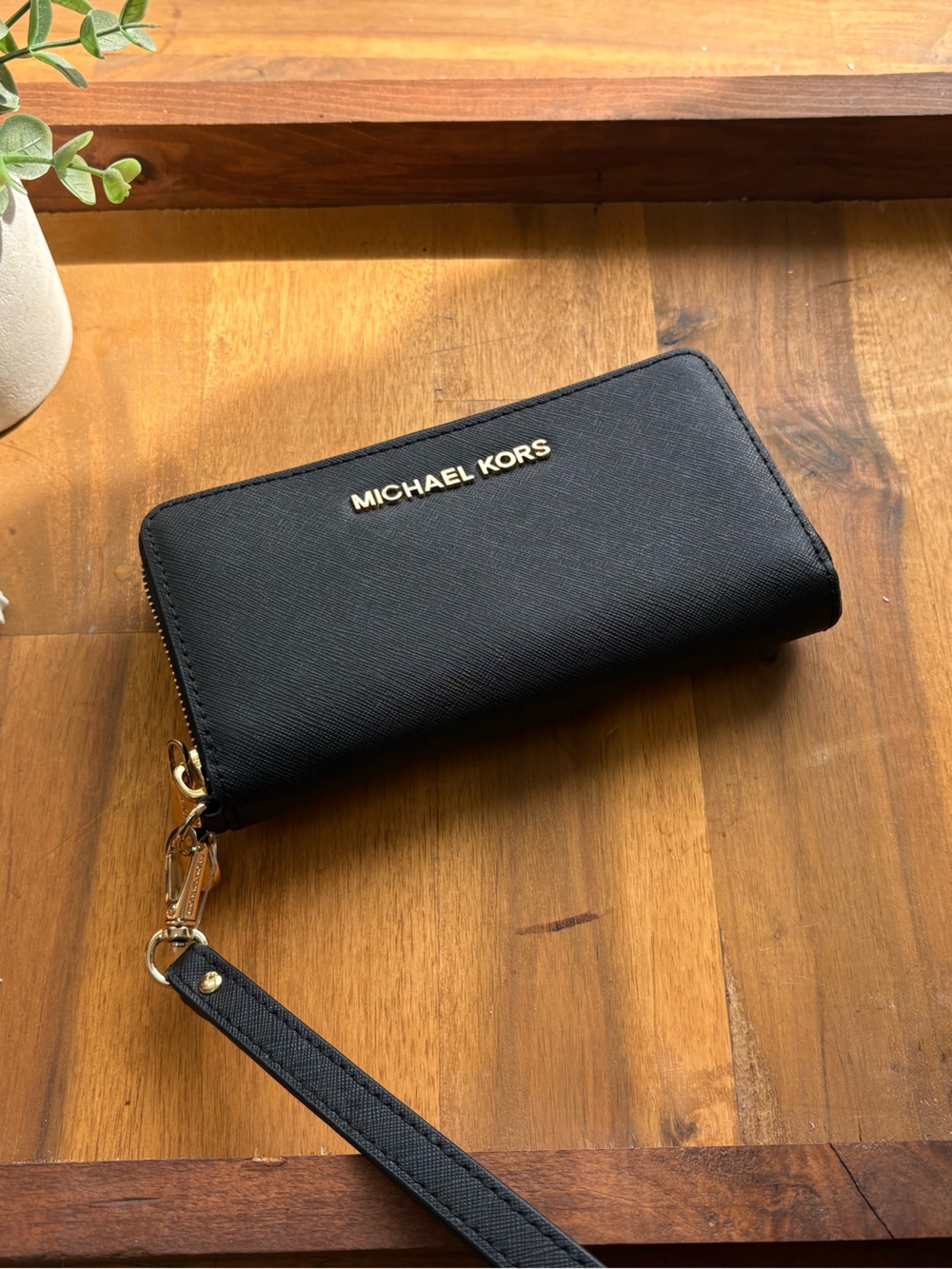 Michael Kors Black Saffiano Zip Wristlet with Gold Hardware